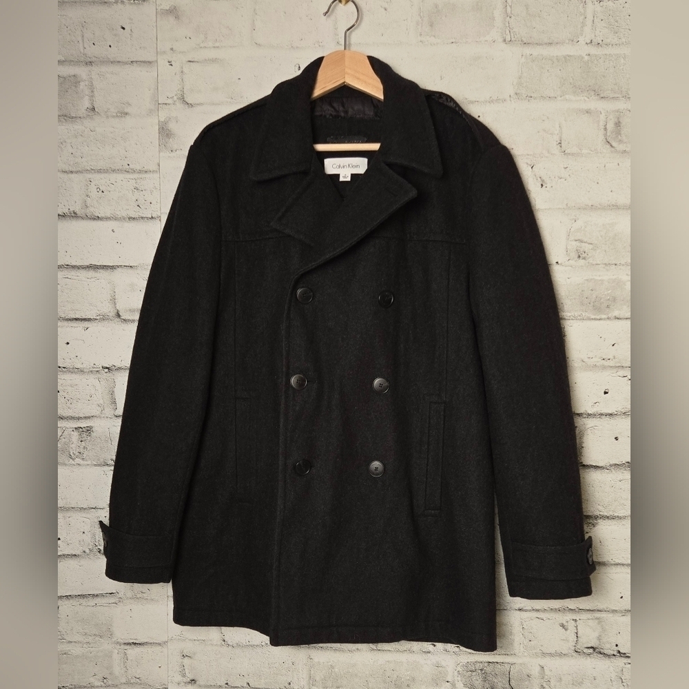 Calvin Klein Men’s Wool Blend Peacoat Black Double Breasted Jacket Sz S